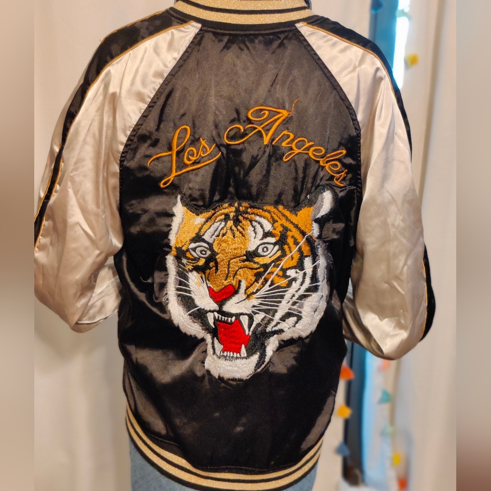 Y2K Pacsun luxury slick  Satin bomber Jacket Big Tiger embroidery black silver S